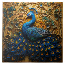 Blue and Orange Peacock, Golden Background