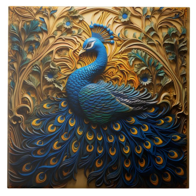 Blue and Orange Peacock, Golden Background Ceramic Tile (Front)