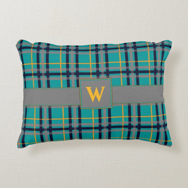 Blue and Orange Plaid Accent Pillow (Front)