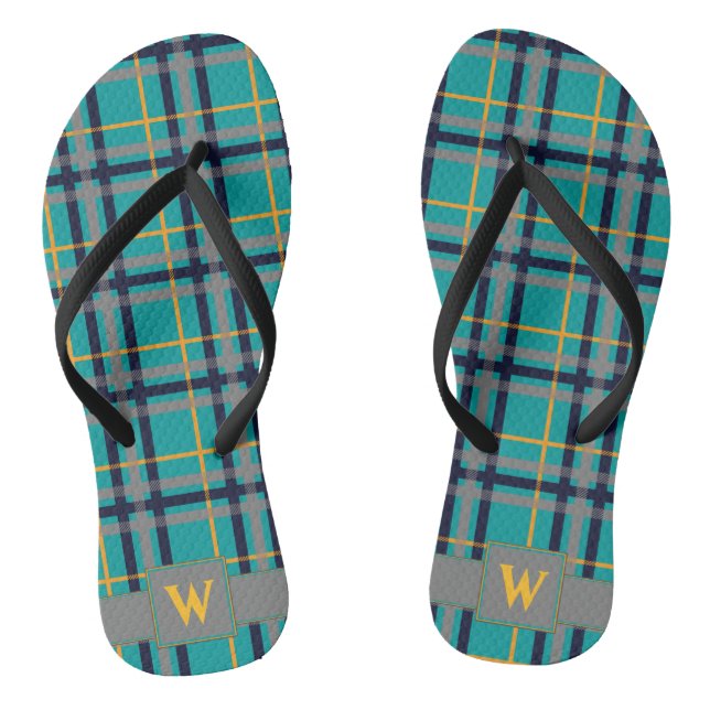 Blue and Orange Plaid Flip Flops (Footbed)