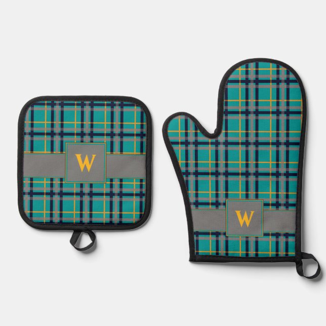 Blue and Orange Plaid Oven Mitt & Pot Holder Set (Front)