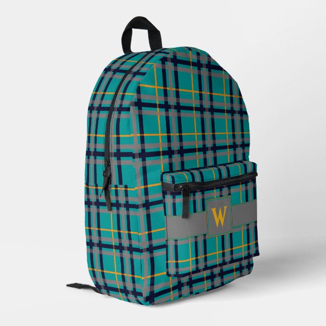 Blue and Orange Plaid Printed Backpack (Back Corner Left)