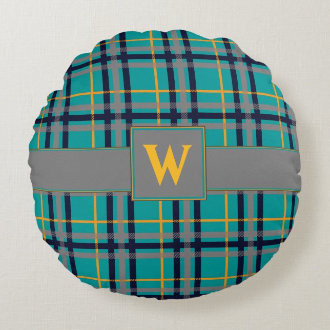 Blue and Orange Plaid Round Pillow (Front)