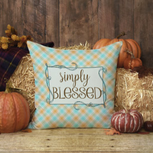 Blue and Orange Plaid Tartan Simply Blessed Cushion