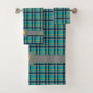 Blue and Orange Plaid Towel Set