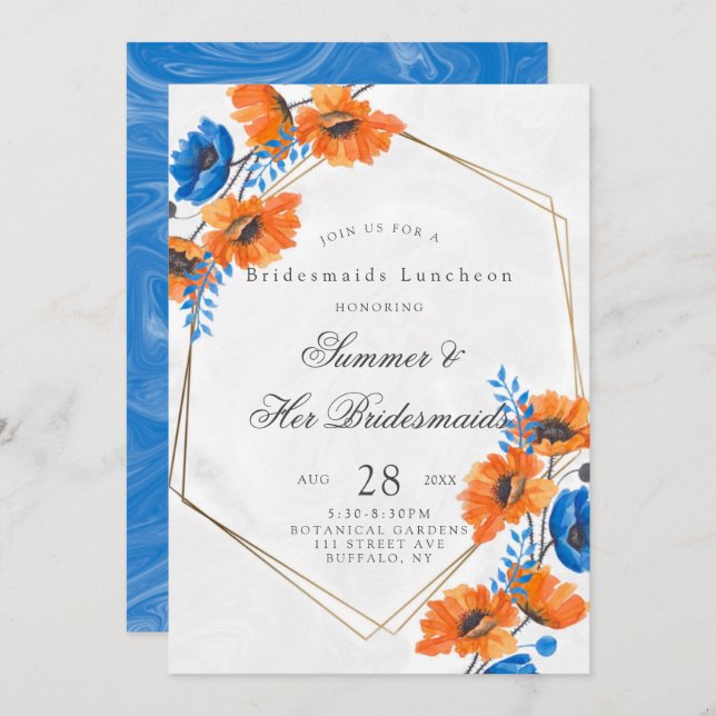 Blue and Orange Poppy Bridesmaids Luncheon Invitation (Front/Back)