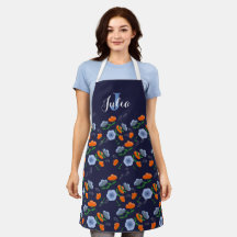 Blue and Orange Poppy Floral Apron