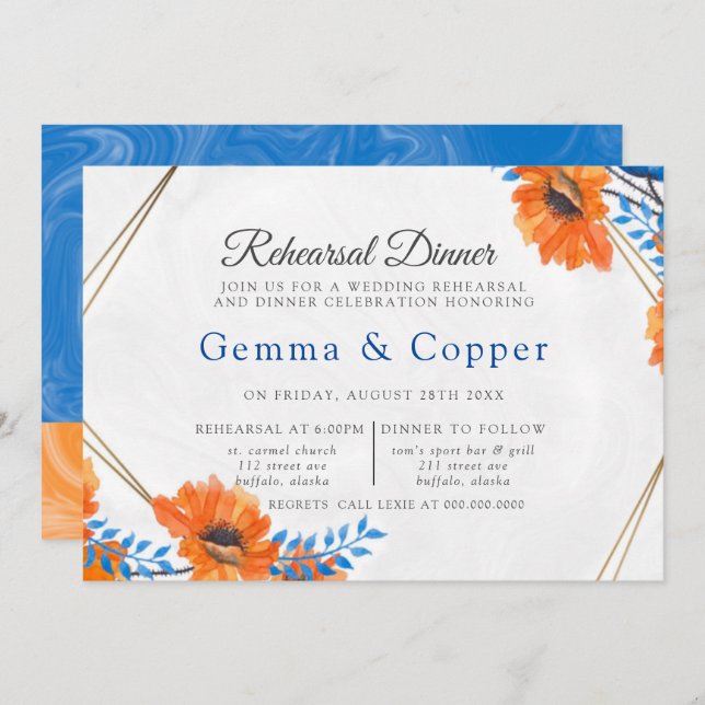 Blue and Orange Poppy Rehearsal Dinner Invitation (Front/Back)