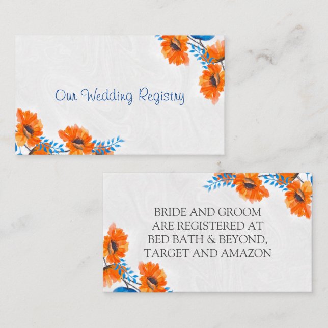 Blue and Orange Poppy Wedding Registry Enclosure Card (Front/Back)
