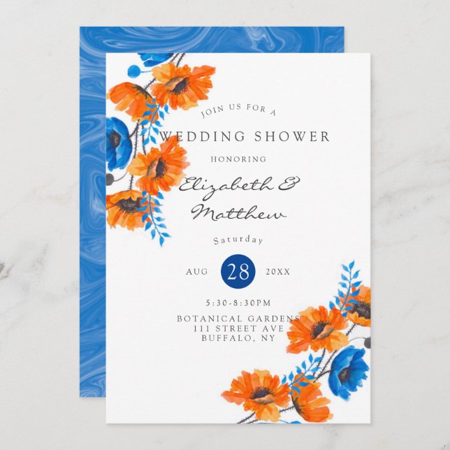 Blue and Orange Poppy Wedding Shower Invitation (Front/Back)