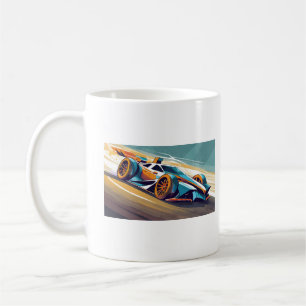 Blue and orange racing car on track  coffee mug
