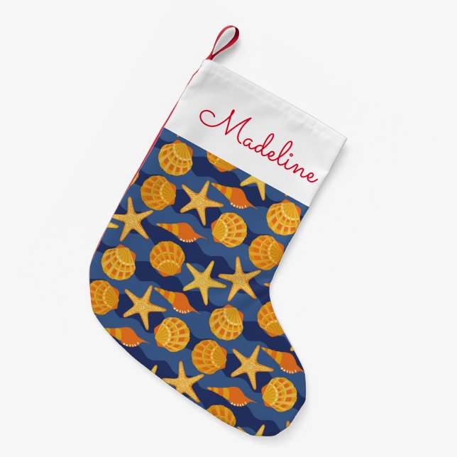 Blue And Orange Seashell Pattern | Add Your Name Small Christmas Stocking (Front (Hanging))