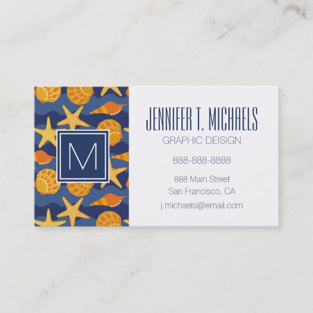Blue And Orange Seashell Pattern Business Card (Front)