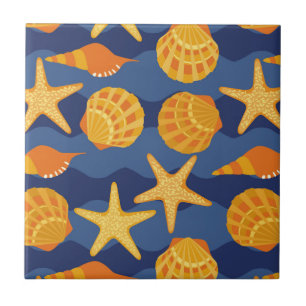 Blue And Orange Seashell Pattern Ceramic Tile