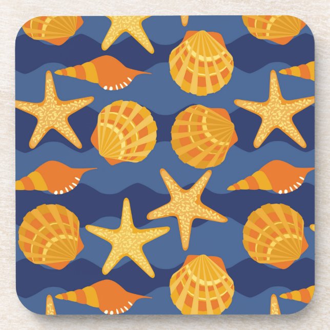 Blue And Orange Seashell Pattern Coaster (Front)