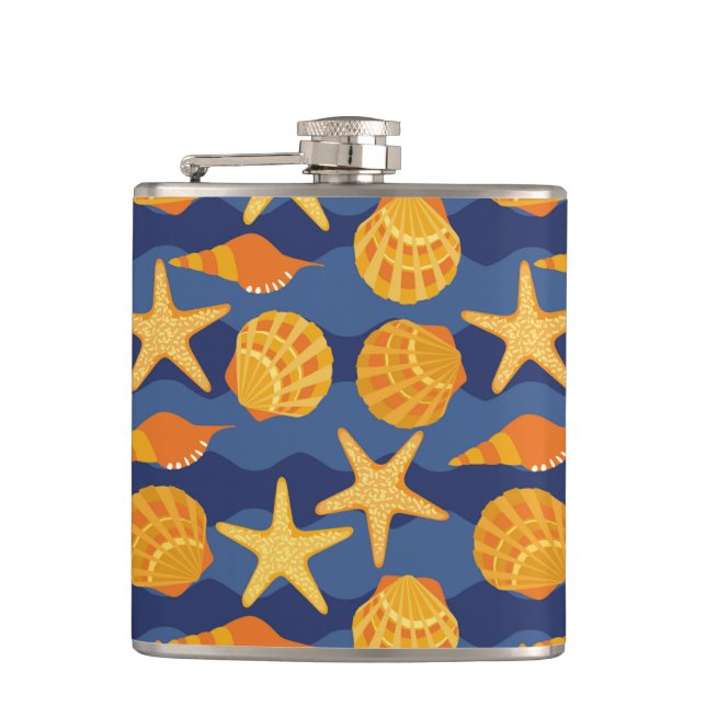 Blue And Orange Seashell Pattern Hip Flask (Front)