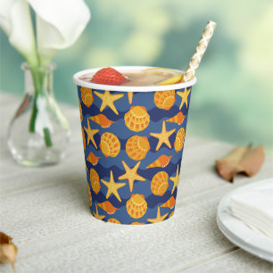 Blue And Orange Seashell Pattern Paper Cups