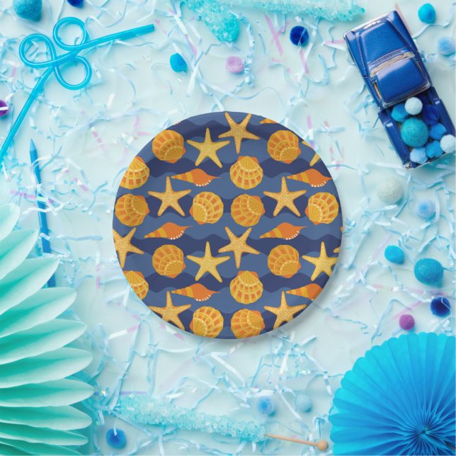 Blue And Orange Seashell Pattern Paper Plate (Party)