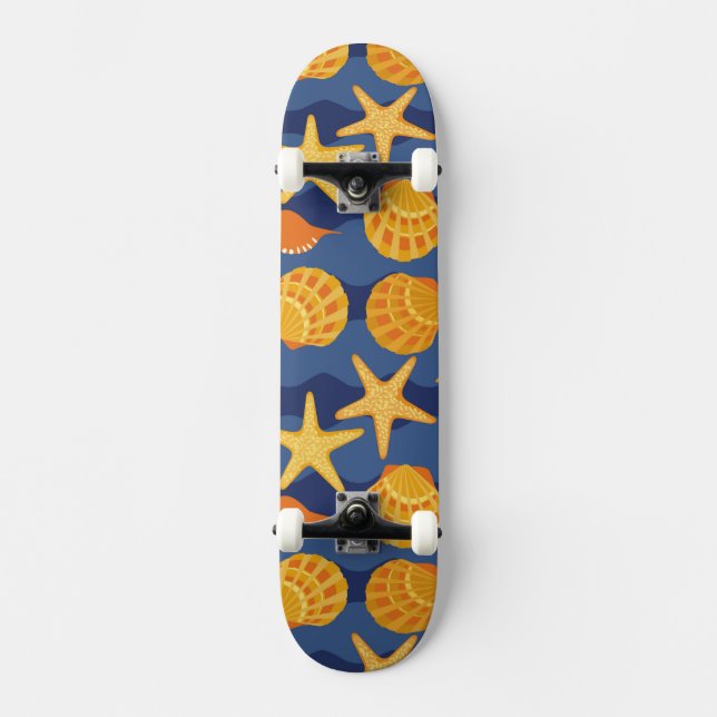 Blue And Orange Seashell Pattern Skateboard (Front)