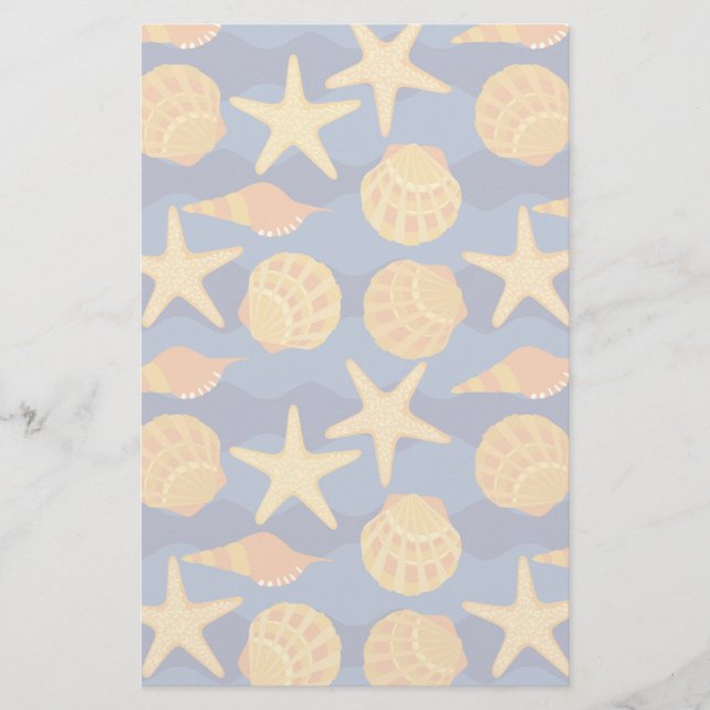 Blue And Orange Seashell Pattern Stationery (Front)