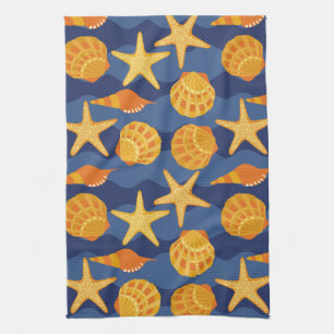 Blue And Orange Seashell Pattern Tea Towel