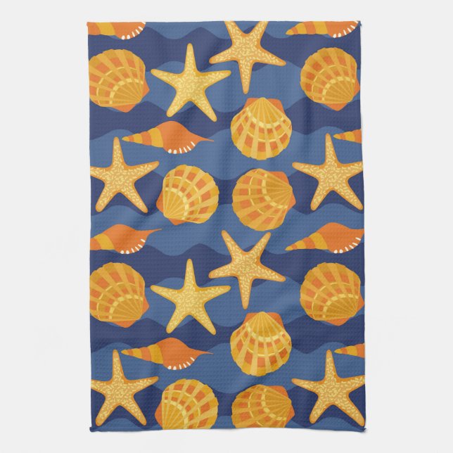 Blue And Orange Seashell Pattern Tea Towel (Vertical)