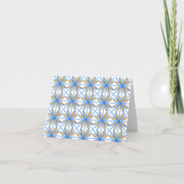 Blue and Orange Sicilian Tile Pattern Note Card (Front)