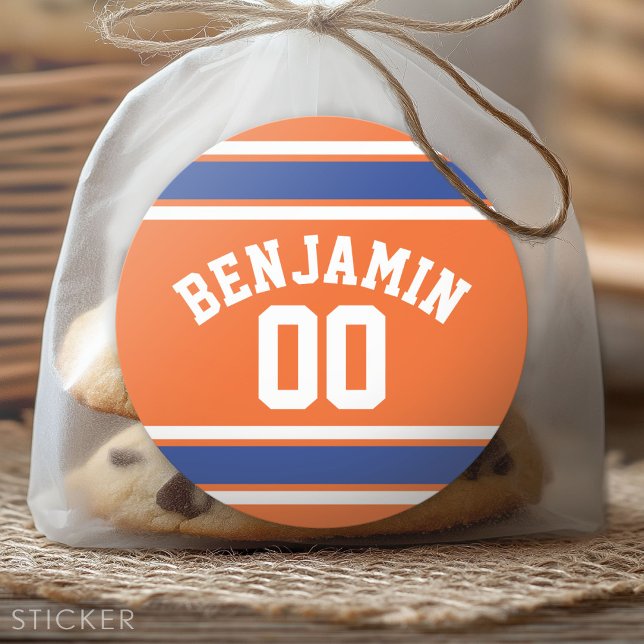 Blue and Orange Sports Jersey Custom Name Number Classic Round Sticker (Custom Sticker for Party Favors and Envelopes)