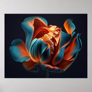 Blue and Orange Tulip on a Bold Black Background Poster
