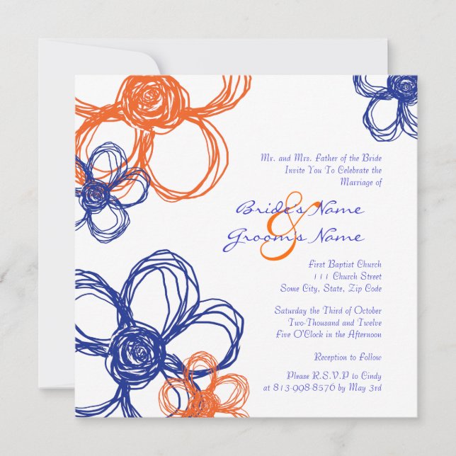 Blue and Orange Wild Flowers Wedding Invitation (Front)