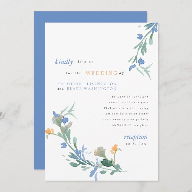 Blue and Orange Wildflower Colourful Wedding  Invi Invitation (Front/Back)