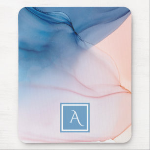 Blue and Peach Abstract Ink Wash with Monogram Mouse Pad