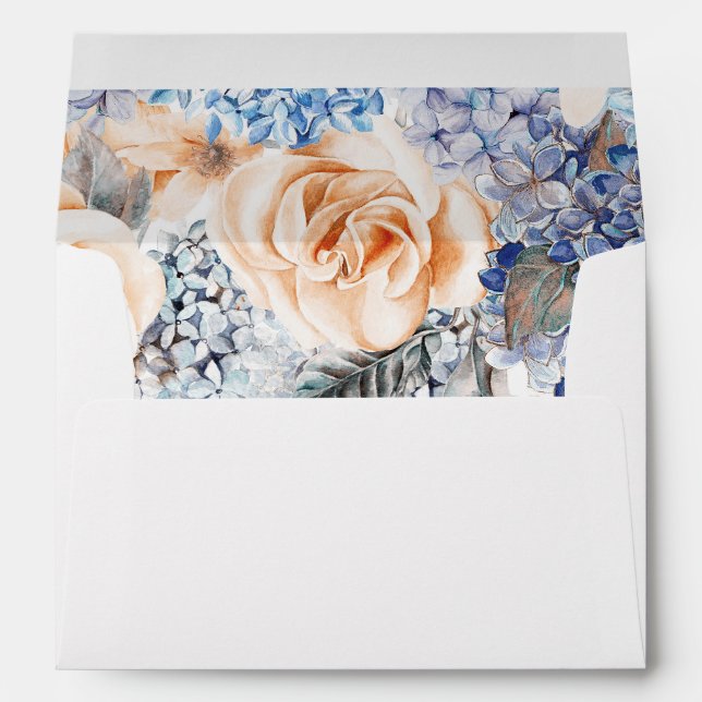 Blue and Peach Floral Botanical Elegant Wedding Envelopes (Back (Bottom))