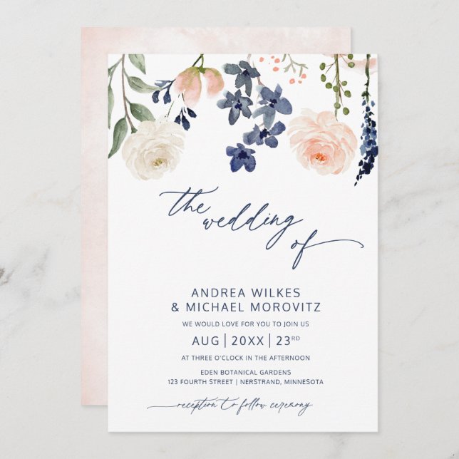 Blue and Peach Floral Botanical Wedding Invitation (Front/Back)