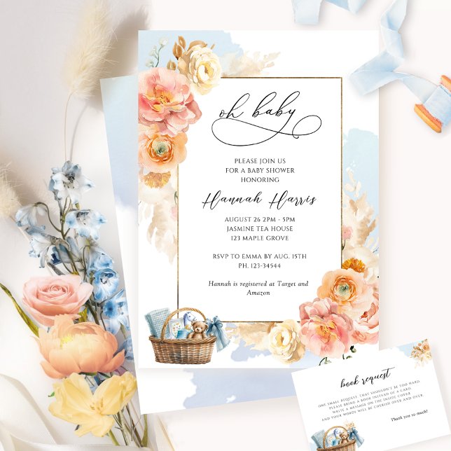 Blue and Peach Floral Boy Baby Shower Invitation (Creator Uploaded)