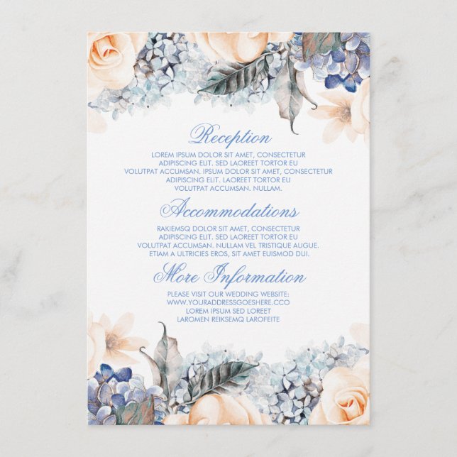 Blue and Peach Floral Wedding Information Guest Enclosure Card (Front)