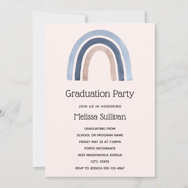 Blue and Peach Rainbow Boho Design Graduation Invitation (Front)