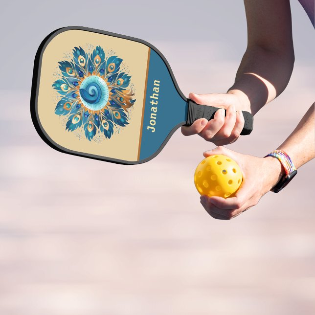 Blue and Peach Retro Feathers Mandala Monogram Pickleball Paddle (Creator Uploaded)