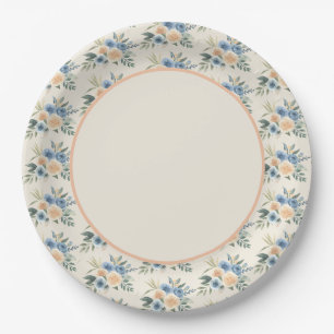 Blue and Peach Watercolor Floral Pattern Paper Plate