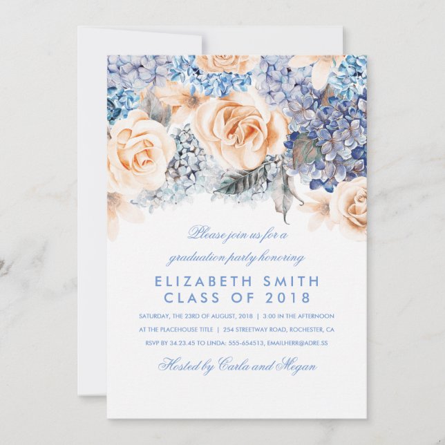Blue and Peach Watercolor Florals Graduation Party Invitation (Front)