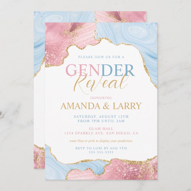 Blue and Pink Agate Marble Gender Reveal  Invitation (Front/Back)