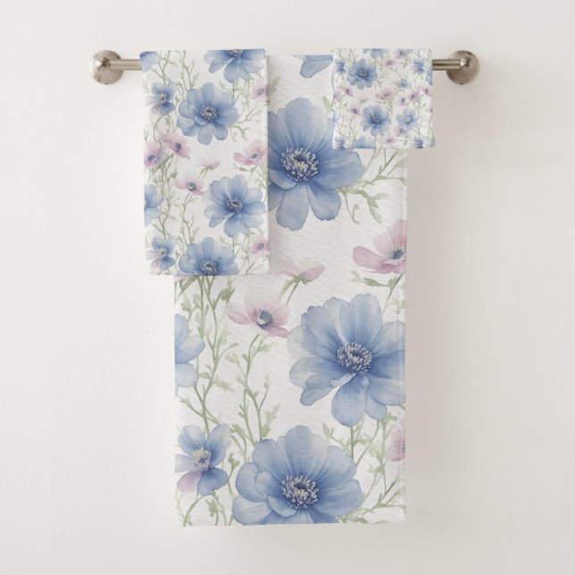 Blue And Pink Anemone Bath Towel Set (Insitu)
