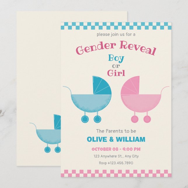 Blue and pink baby stroller gender reveal invitation (Front/Back)