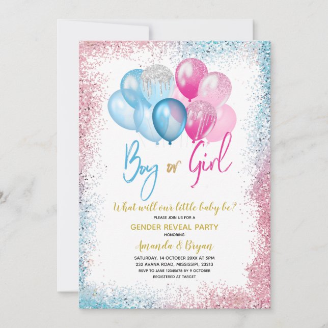 Blue and Pink Balloon Gender Reveal Invitation (Front)