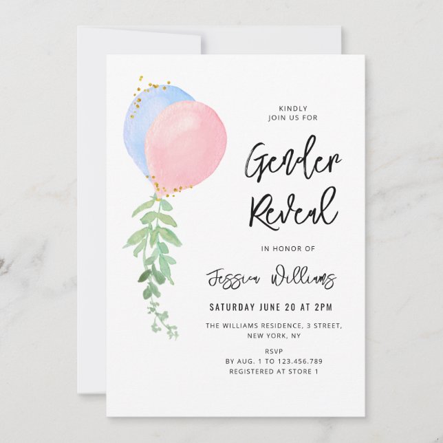 blue and pink baloon baby gender reveal invitation (Front)