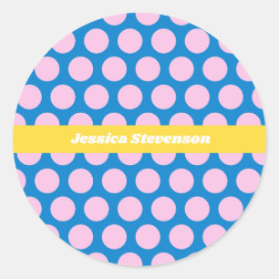 Blue and Pink Big Polka Dot Pattern Personalised  Classic Round Sticker