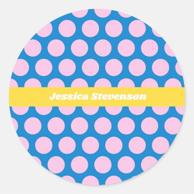 Blue and Pink Big Polka Dot Pattern Personalised  Classic Round Sticker (Front)