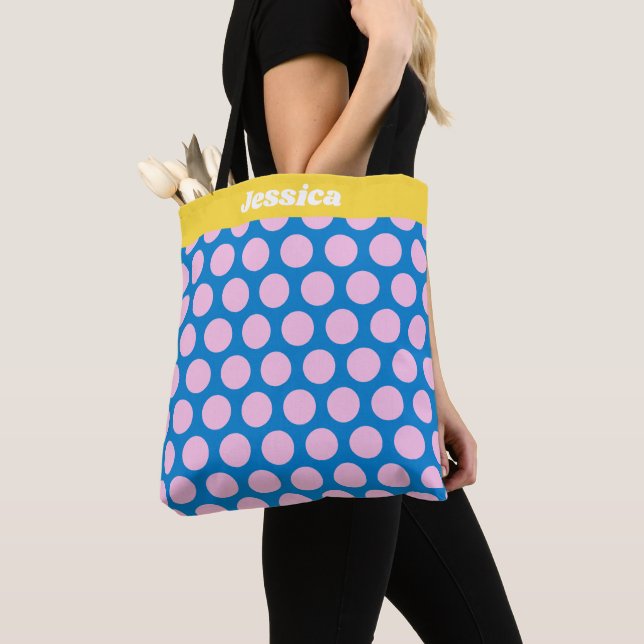 Blue and Pink Big Polka Dot Pattern Personalised Tote Bag (Close Up)