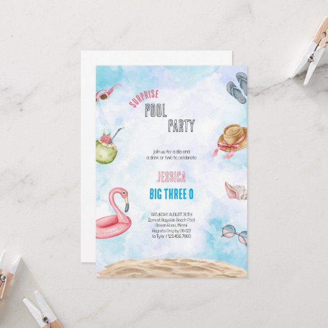 BLUE AND PINK BIRTHDAY WATERCOLOR BEACH INVITATION (Front/Back In Situ)