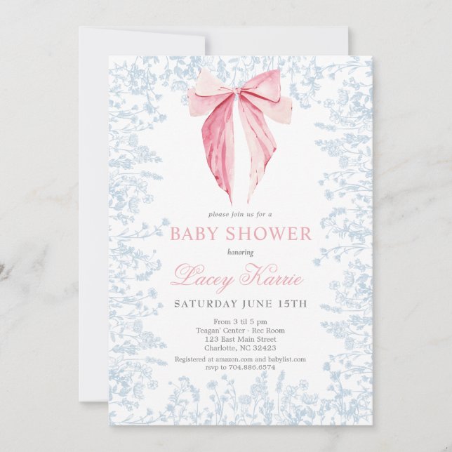 Blue and pink bow Baby Shower invitation (Front)